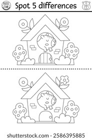 Find differences game for children. Capybara black and white educational activity with cute animal in house. Puzzle for kids with capibara. Printable worksheet or coloring page for logic, attention
