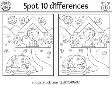 Find differences game for children. Capybara black and white educational activity with animal driving car to his house. Line puzzle for kids with capibara. Printable worksheet or coloring page