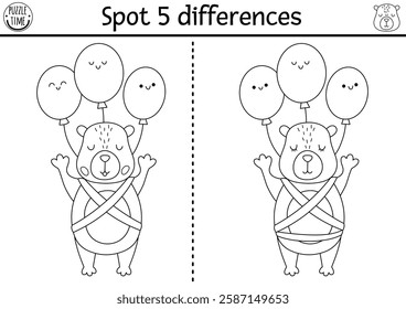 Find differences game for children. Capybara black and white educational activity with animal flying on balloons. Line puzzle for kids with capibara. Printable worksheet or coloring page
