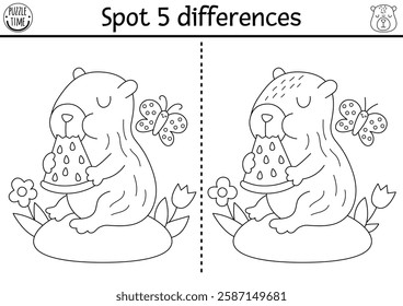 Find differences game for children. Capybara black and white educational activity with animal eating watermelon. Puzzle for kids with capibara. Printable worksheet or coloring page
