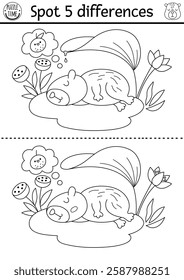 Find differences game for children. Capybara black and white educational activity with cute animal sitting on water lily pad. Puzzle for kids with capibara. Printable worksheet or coloring page
