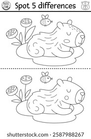 Find differences game for children. Capybara black and white educational activity with animal sitting on water lily pad. Line puzzle for kids with capibara. Printable worksheet or coloring page
