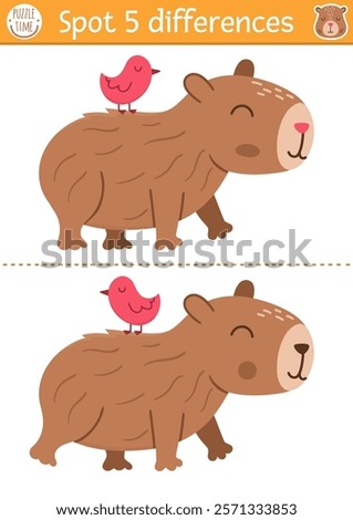 Find differences game for children. Capybara educational activity with cute animal with bird on his back. Puzzle for kids with capibara. Printable worksheet or page for logic, attention
