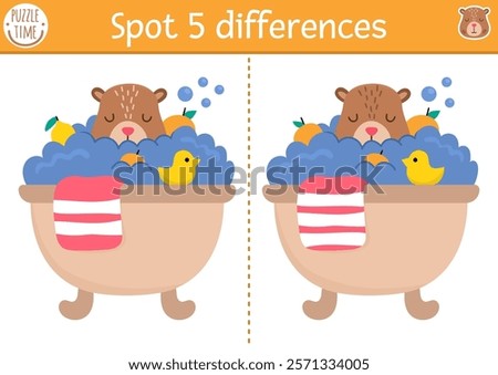 Find differences game for children. Capybara educational activity with cute animal taking bubbly bath with tangerines. Puzzle for kids with capibara. Printable worksheet, page for logic, attention