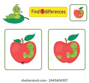 Find differences. Game for children. Caterpillar in an apple. Development of logic and attention. Printable sheet.