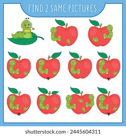 Find differences. Game for children. Caterpillar in an apple. Development of logic and attention. Printable sheet.