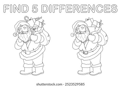Finden Sie Unterschiede Spiel für Kinder. Weihnachten schwarz-weiß pädagogische Aktivität mit Santa. Druckbare Linien- oder Farbseite