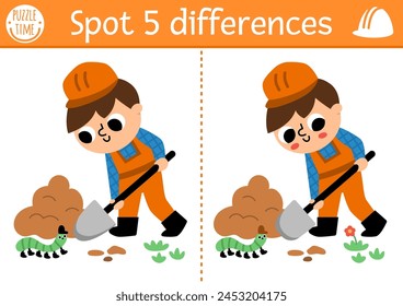 Find differences game for children. Construction site educational activity with boy digging pit. Cute puzzle for kids with funny worker. Printable worksheet or page for logic and attention skills
