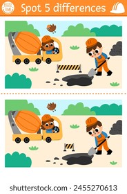 Find differences game for children. Construction site educational activity with boy digging pit and concrete mixer. Cute puzzle for kids with funny worker. Printable worksheet or page
