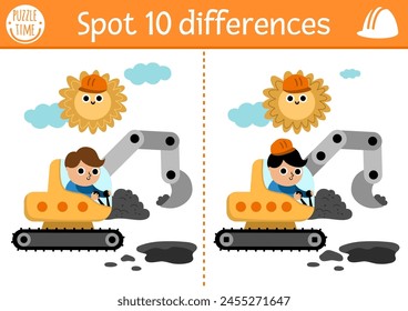 Find differences game for children. Construction site educational activity with boy driver in excavator digging pit. Cute puzzle for kids with funny worker. Printable worksheet or page
