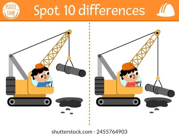 Encuentra juegos de diferencias para niños. Actividad educativa en el sitio de la construcción con el conductor del muchacho en la tubería de elevación de la grúa de oruga. Lindo rompecabezas para los niños con el trabajador divertido. Hoja de cálculo o página imprimible
