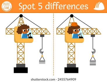 Find differences game for children. Construction site educational activity with girl operator in lifting crane. Cute puzzle for kid with funny worker. Printable worksheet, page with industrial vehicle
