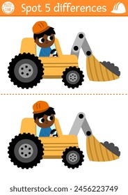 Find differences game for children. Construction site educational activity with boy driver in excavator. Cute puzzle for kids with funny worker. Printable worksheet or page with industrial vehicle
