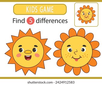 Find the differences game for children. Cute kawaii sun. Printable sheet