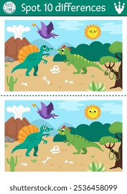 Finden Sie Unterschiede Spiel für Kinder. Dinosaurier-Bildungsaktivität mit Spinosaurus, Allosaurus und prähistorischer Landschaft. Puzzle für Kinder mit Tier. Druckbares Arbeitsblatt, Seite