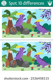 Find differences game for children. Dinosaur educational activity with Parasaurolophus going to his girlfriend and prehistoric landscape. Puzzle for kids with animal. Printable worksheet, page
