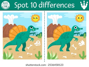 Find differences game for children. Dinosaur educational activity with Spinosaurus and prehistoric landscape. Puzzle for kids with animal. Printable worksheet, page for attention skills
