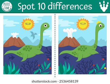 Find differences game for children. Dinosaur educational activity with plesiosaur and prehistoric landscape. Puzzle for kids with animal. Printable worksheet, page for attention skills
