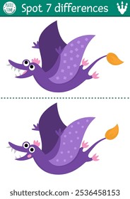 Find differences game for children. Dinosaur educational activity with pterosaur. Puzzle for kids with little ancient animal. Printable worksheet, page for attention skills with pterodactyl