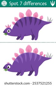 Encontre diferenças jogo para crianças. Atividade educacional de dinossauros com estegossauros. Quebra-cabeça para crianças com pequeno animal antigo. Planilha imprimível, página para habilidades de atenção com stegosaurus
