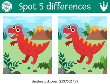 Find differences game for children. Dinosaur educational activity with cute T-rex and prehistoric landscape. Puzzle for kids with tyrannosaur. Printable worksheet, page for attention skills
