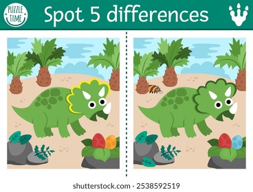 Find differences game for children. Dinosaur educational activity with triceratops and prehistoric landscape. Puzzle for kids with animal. Printable worksheet, page for attention skills
