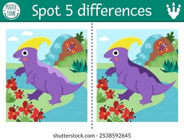 Find differences game for children. Dinosaur educational activity with Parasaurolophus and prehistoric landscape. Puzzle for kids with animal. Printable worksheet, page for attention skills
