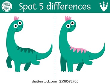 Find differences game for children. Dinosaur educational activity with brachiosaur. Puzzle for kids with little ancient animal. Printable worksheet, page for attention skills with diplodocus
