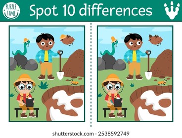 Find differences game for children. Dinosaur educational activity with paleontologists on the dig and camp landscape. Puzzle for kids with archeologists. Printable worksheet, page