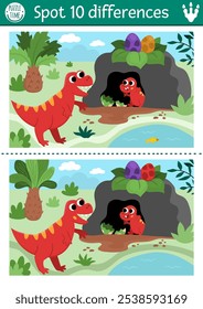 Find differences game for children. Dinosaur educational activity with cute T-rex going to his cave and baby and prehistoric landscape. Puzzle for kids with tyrannosaur. Printable worksheet, page
