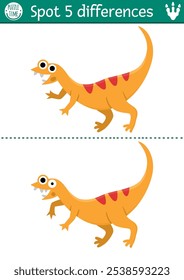 Find differences game for children. Dinosaur educational activity with Compsognathus. Puzzle for kids with little ancient animal. Printable worksheet, page for logic and attention skills
