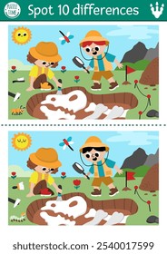 Find differences game for children. Dinosaur educational activity with paleontologists boy and girl on the dig and camp landscape. Puzzle for kids with archeologists. Printable worksheet, page