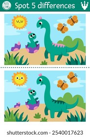 Find differences game for children. Dinosaur educational activity with brachiosaurus, his hatching baby and prehistoric landscape. Puzzle for kids with animal. Printable worksheet, page
