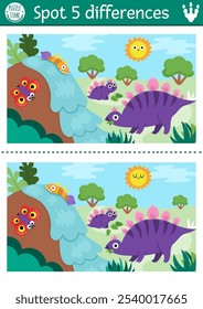 Find differences game for children. Dinosaur educational activity with stegosaurus, his baby and prehistoric landscape. Puzzle for kids with animal. Printable worksheet, page
