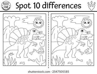 Encuentra diferencias juego para niños. Actividad educativa en blanco y negro de dinosaurios con Spinosaurus y paisaje prehistórico. Rompecabezas de línea para niños con animales. Hoja de cálculo imprimible, página para colorear

