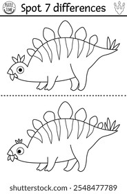 Encontre diferenças jogo para crianças. Dinossauro preto e branco atividade educacional com estegossauro. Quebra-cabeça de linha para crianças com pequeno animal antigo. Planilha imprimível, página colorida com stegosaurus
