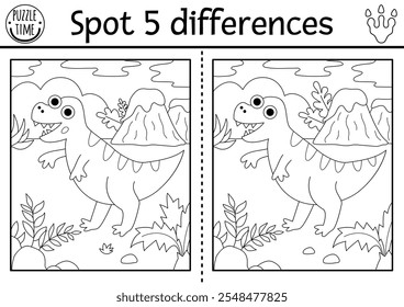 Find differences game for children. Dinosaur black and white educational activity with T-rex, prehistoric landscape. Line puzzle for kids with tyrannosaur. Printable worksheet, coloring page
