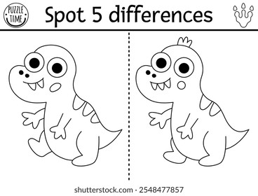 Find differences game for children. Dinosaur black and white educational activity with baby T-rex. Line puzzle for kids with little ancient animal. Printable worksheet, coloring page with tyrannosaur