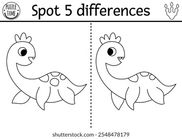 Encuentra diferencias juego para niños. Dinosaurio actividad educativa en blanco y negro con plesiosaurio bebé. Rompecabezas de línea para niños con pequeño animal antiguo. Hoja de cálculo imprimible, página para colorear
