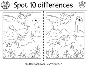 Find differences game for children. Dinosaur black and white educational activity with plesiosaur and prehistoric landscape. Line puzzle for kids with animal. Printable worksheet, coloring page
