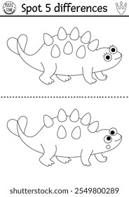 Find differences game for children. Dinosaur black and white educational activity with brontosaurus. Line puzzle for kids with little ancient animal. Printable worksheet, coloring page
