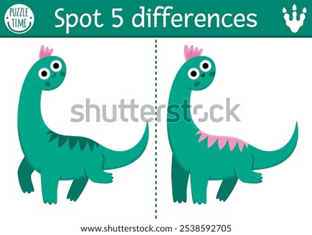 Find differences game for children. Dinosaur educational activity with brachiosaur. Puzzle for kids with little ancient animal. Printable worksheet, page for attention skills with diplodocus
