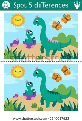 Find differences game for children. Dinosaur educational activity with brachiosaurus, his hatching baby and prehistoric landscape. Puzzle for kids with animal. Printable worksheet, page
