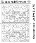 Find differences game for children. Dwarf black and white activity with cute garden gnomes. Magic forest puzzle for kids. Fairytale printable worksheet, coloring page with woodland scene
