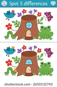 Find differences game for children. Dwarf educational activity with cute tree stump house, frog, bird. Magic forest puzzle for kids. Fairytale printable worksheet, page with woodland scene
