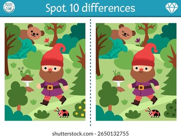 Find differences game for children. Dwarf educational activity with cute gnome going in forest. Magic forest puzzle for kids. Fairytale printable worksheet, page for attention with woodland scene
