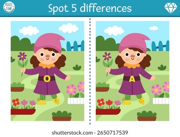 Find differences game for children. Dwarf educational activity with cute garden gnome girl. Magic forest puzzle for kids. Fairytale printable worksheet, page for attention with woodland scene
