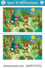 Find differences game for children. Dwarf educational activity with cute gnomes going in night forest. Magic forest puzzle for kids. Fairytale printable worksheet, page with woodland scene
