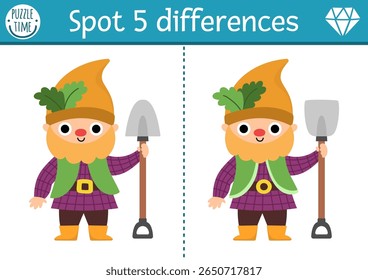 Find differences game for children. Dwarf educational activity with cute garden gnome. Magic forest puzzle for kids. Fairytale printable worksheet, page for logic, attention with fantasy creature
