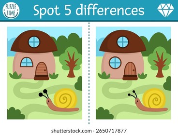 Find differences game for children. Dwarf educational activity with cute house shaped as mushroom, snail. Magic forest puzzle for kids. Fairytale printable worksheet, page with woodland scene
